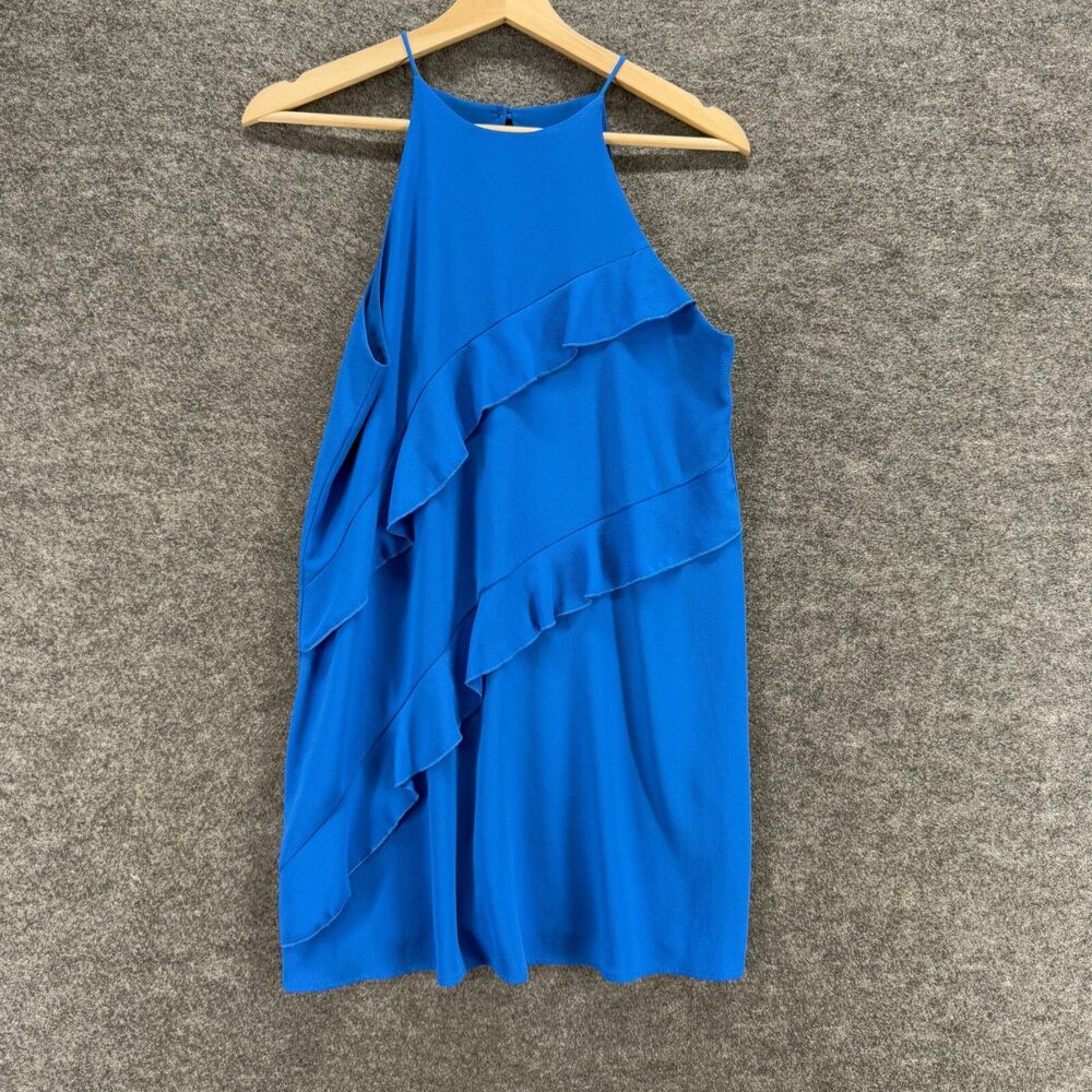 Mod Dress Women S Small Blue Shift Short Sleeveless Lined Hook & Eye Ruffle